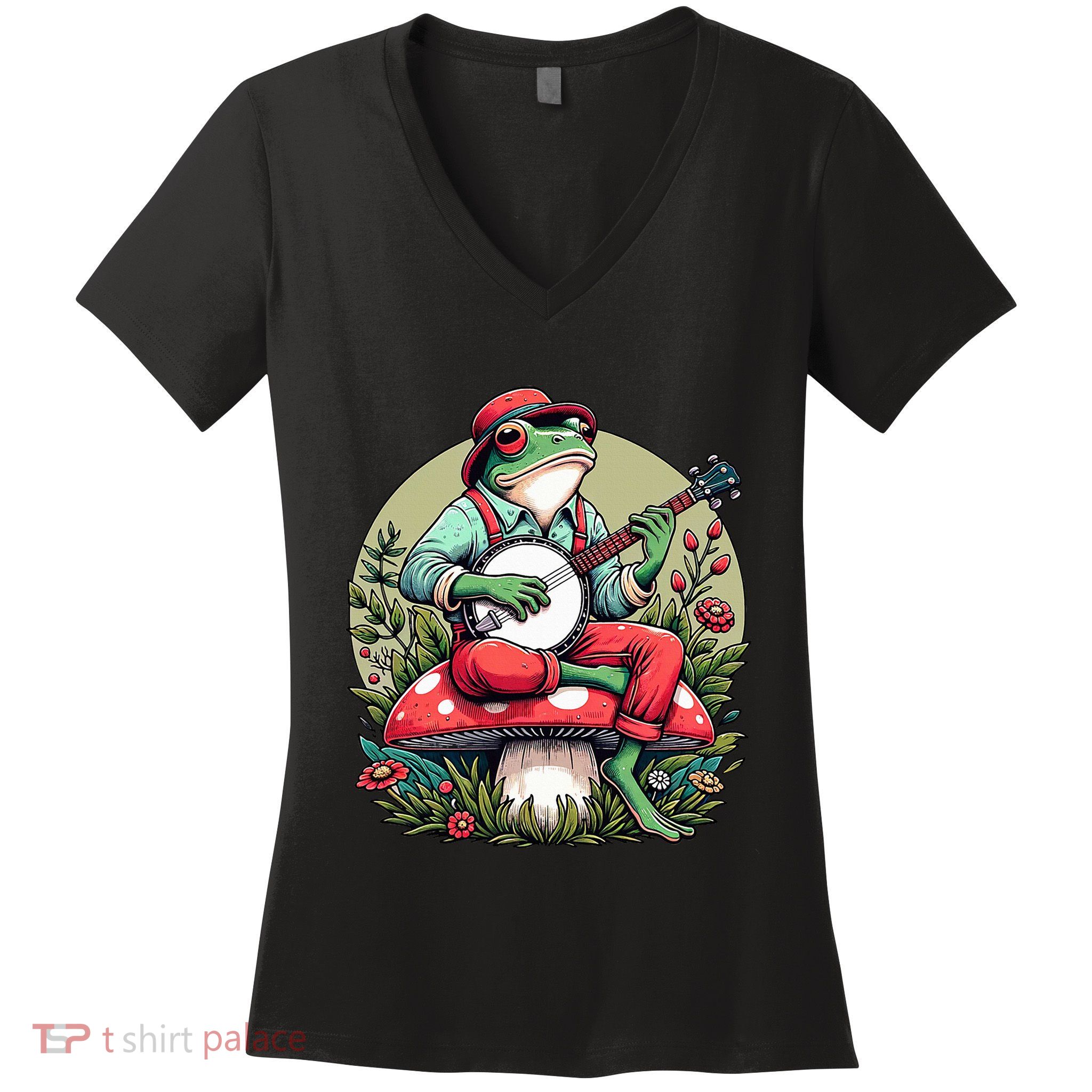 Banjo Froggy Fungi Serenade Cool Funny Frog Mystical Forest Women's V-Neck T-Shirt