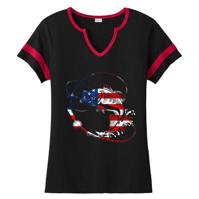 Bass Fishing Fish American Flag Patriotic Fourth Of July Ladies Halftime Notch Neck Tee