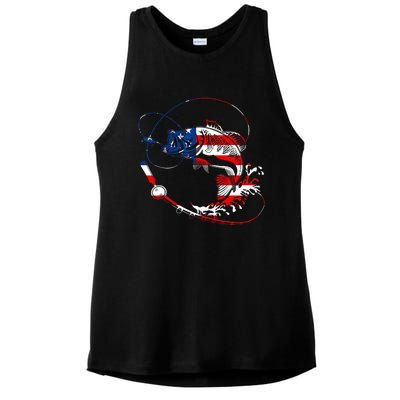 Bass Fishing Fish American Flag Patriotic Fourth Of July Ladies PosiCharge Tri-Blend Wicking Tank