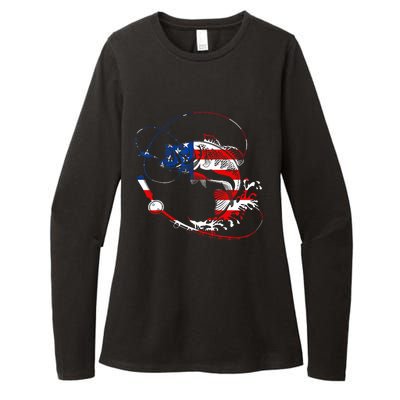 Bass Fishing Fish American Flag Patriotic Fourth Of July Womens CVC Long Sleeve Shirt