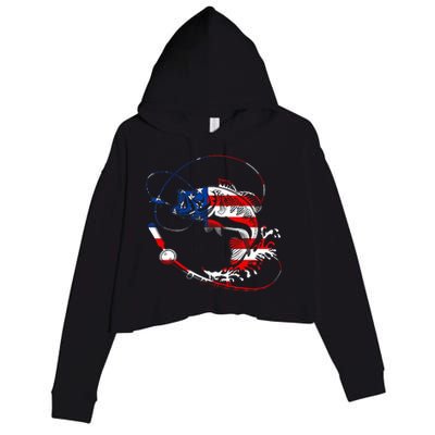 Bass Fishing Fish American Flag Patriotic Fourth Of July Crop Fleece Hoodie