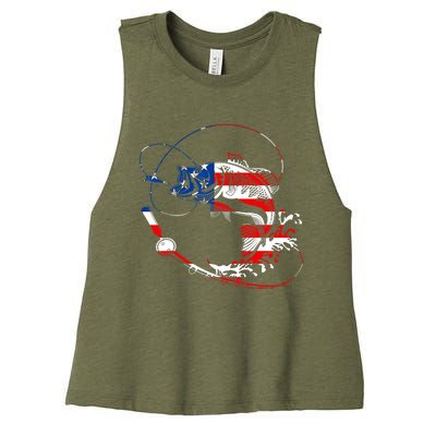 Bass Fishing Fish American Flag Patriotic Fourth Of July Women's Racerback Cropped Tank