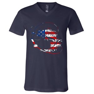 Bass Fishing Fish American Flag Patriotic Fourth Of July V-Neck T-Shirt