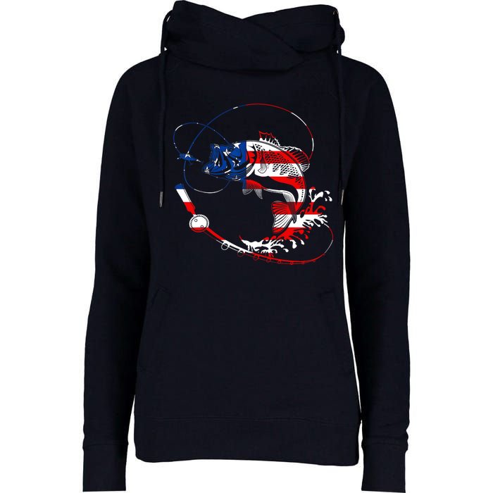 Bass Fishing Fish American Flag Patriotic Fourth Of July Womens Funnel Neck Pullover Hood