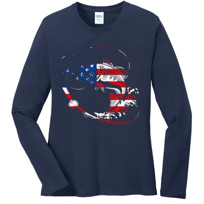 Bass Fishing Fish American Flag Patriotic Fourth Of July Ladies Long Sleeve Shirt