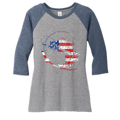 Bass Fishing Fish American Flag Patriotic Fourth Of July Women's Tri-Blend 3/4-Sleeve Raglan Shirt