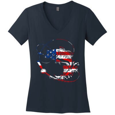 Bass Fishing Fish American Flag Patriotic Fourth Of July Women's V-Neck T-Shirt