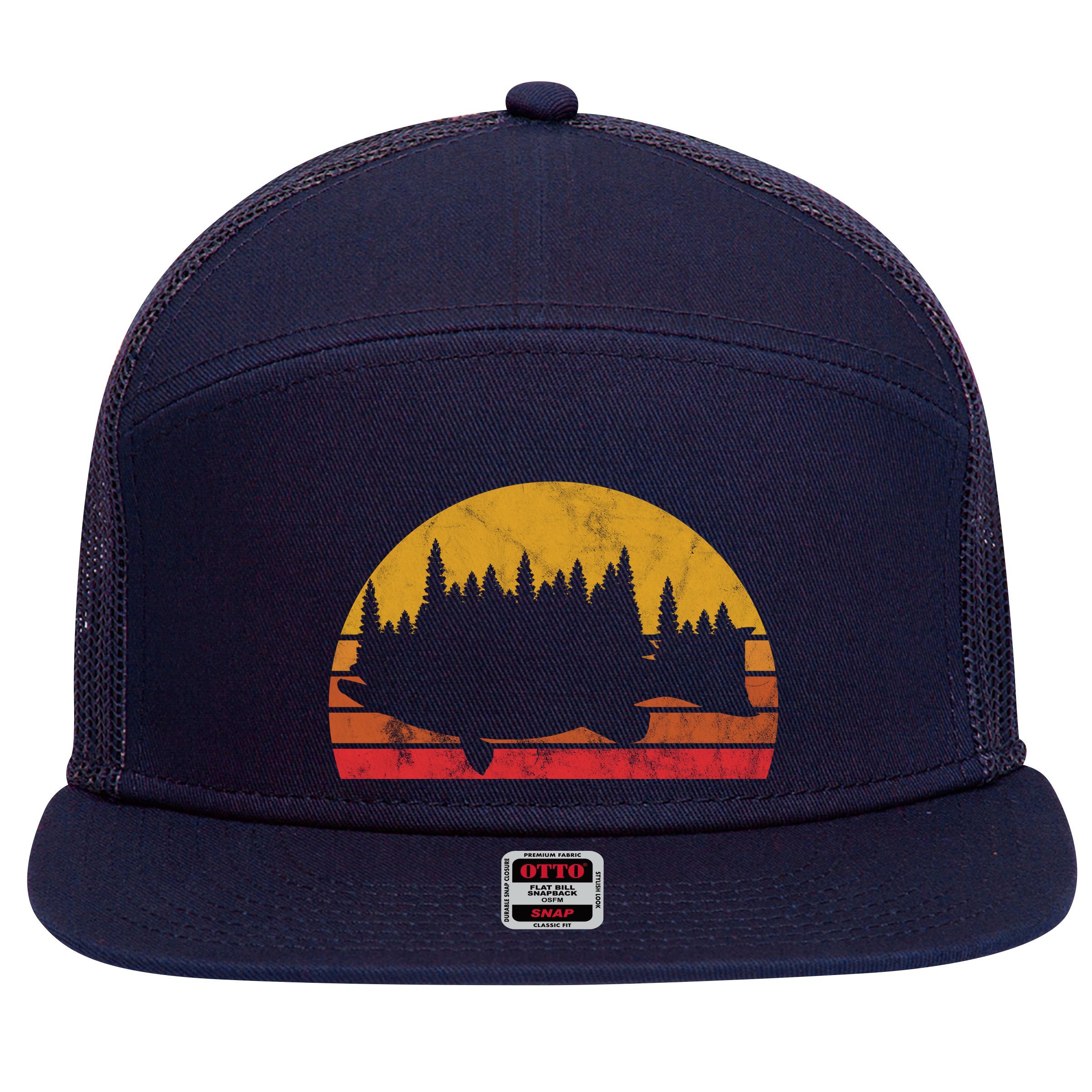 Bass Fishing Forest Sunset 7 Panel Mesh Trucker Snapback Hat