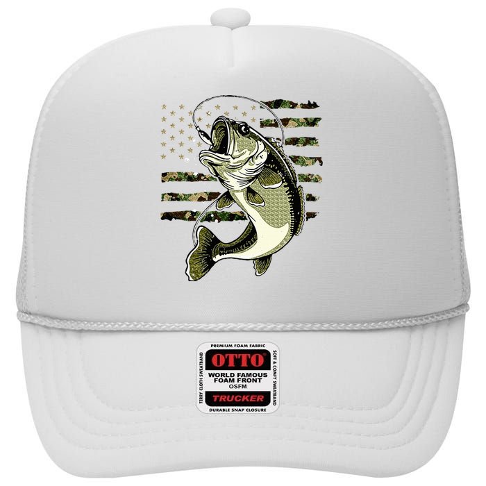 Bass Fish Fishing Usa American Flag High Crown Mesh Back Trucker Hat