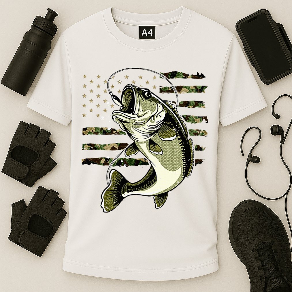 Bass Fish Fishing Usa American Flag Cooling Performance Crew T-Shirt