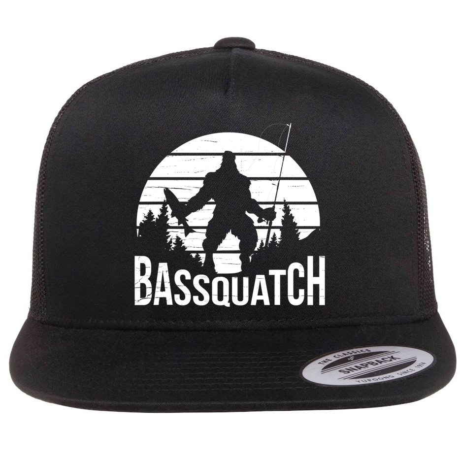 Bassquatch Funny Fishing Fisherman Fishing Rod Bass Fish Flat Bill Trucker Hat