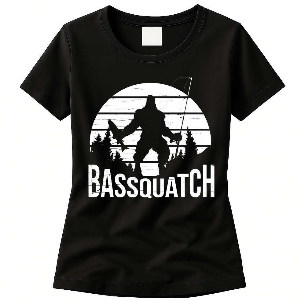 Bassquatch Funny Fishing Fisherman Fishing Rod Bass Fish Womens T-Shirt