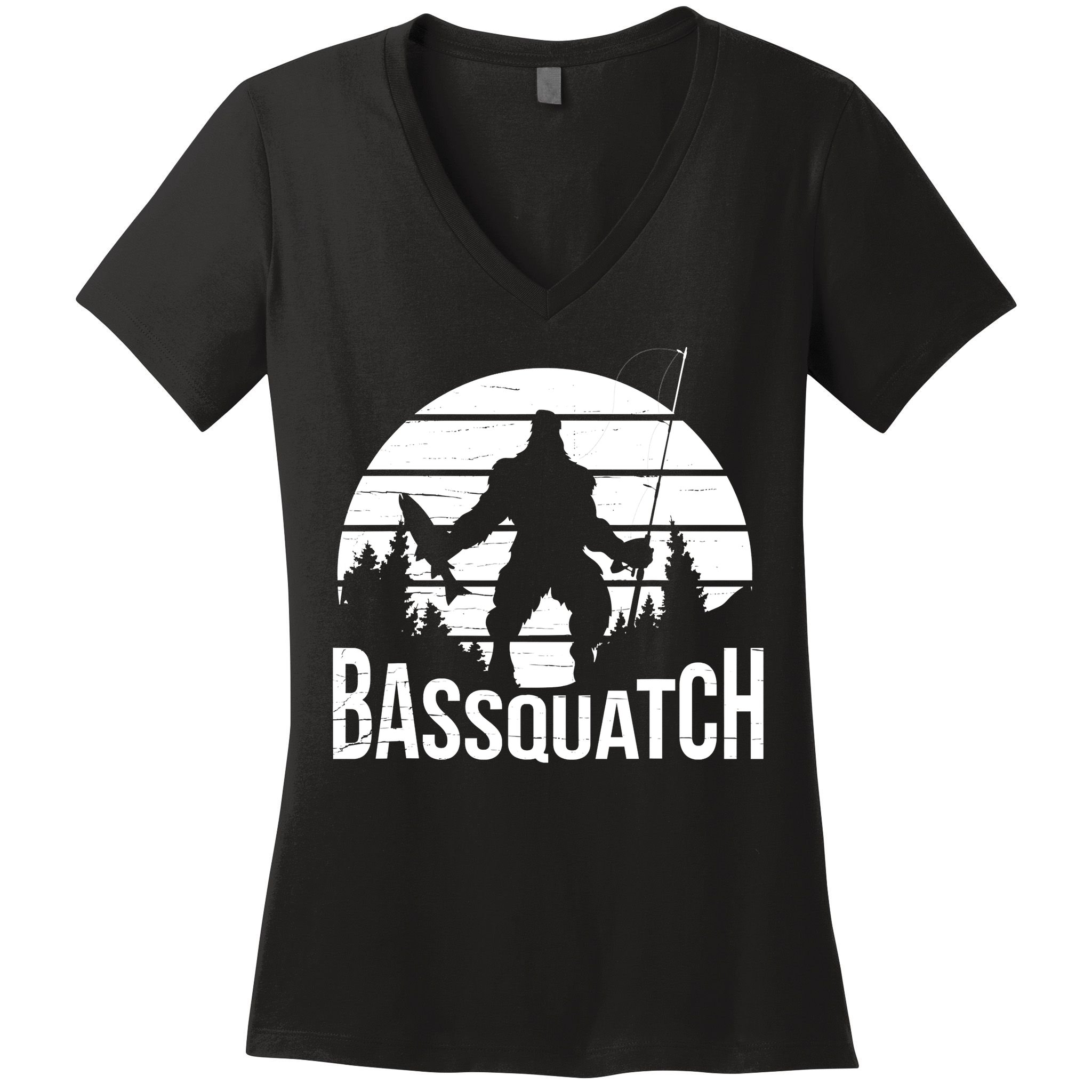 Bassquatch Funny Fishing Fisherman Fishing Rod Bass Fish Women's V-Neck T-Shirt