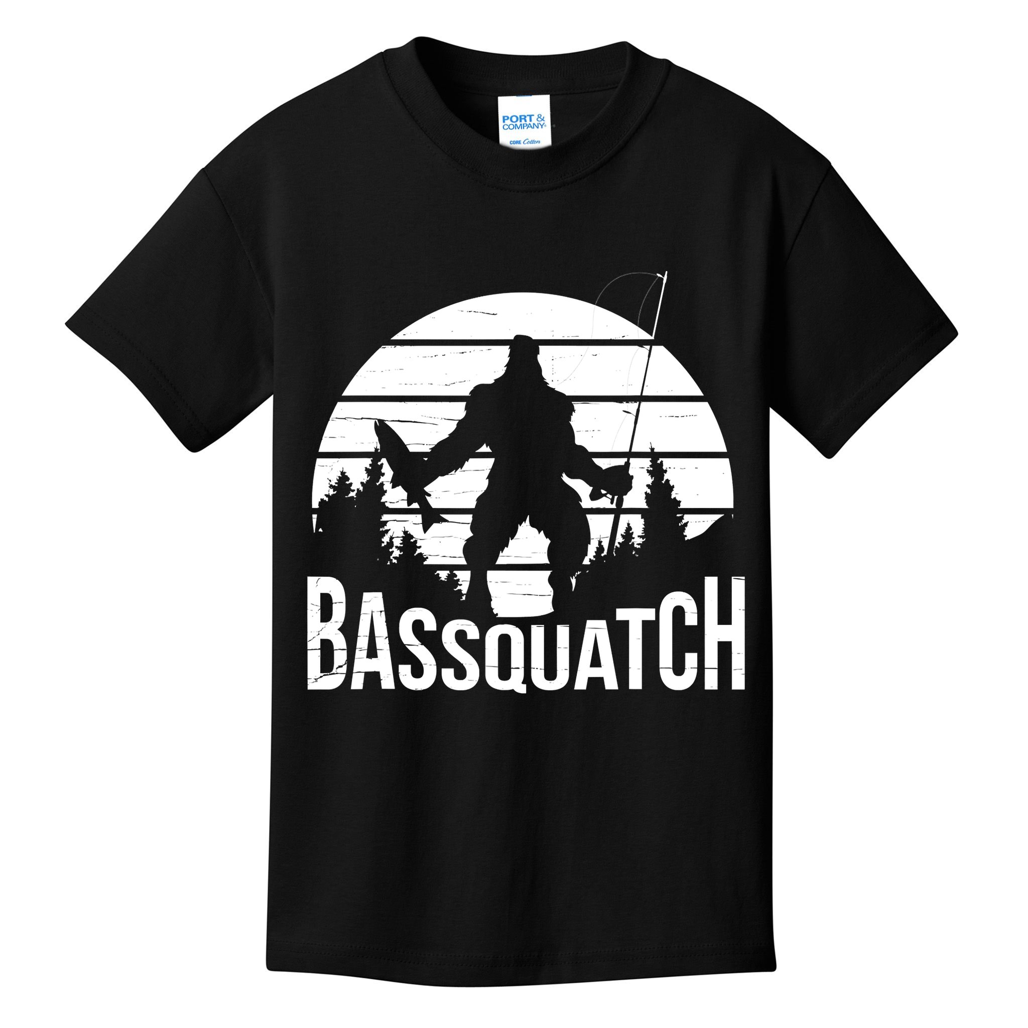 Bassquatch Funny Fishing Fisherman Fishing Rod Bass Fish Kids T-Shirt