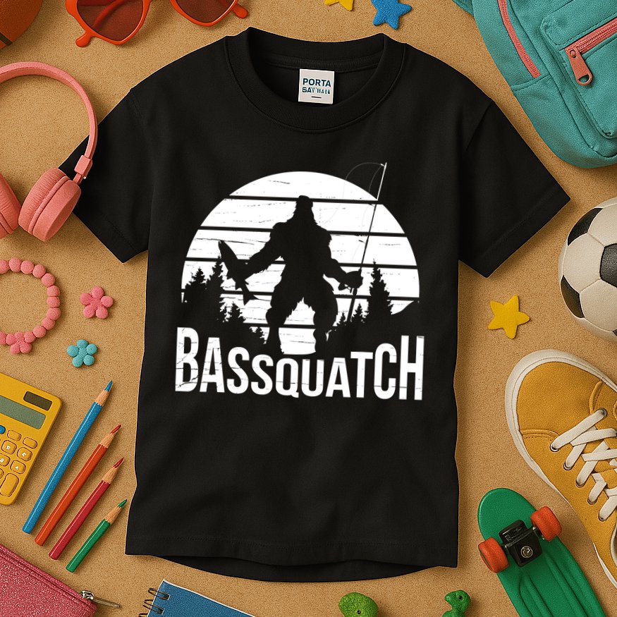 Bassquatch Funny Fishing Fisherman Fishing Rod Bass Fish Kids T-Shirt