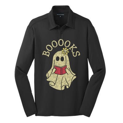 Boooooks Funny Ghost Reading Books Gift Silk Touch Performance Long Sleeve Polo