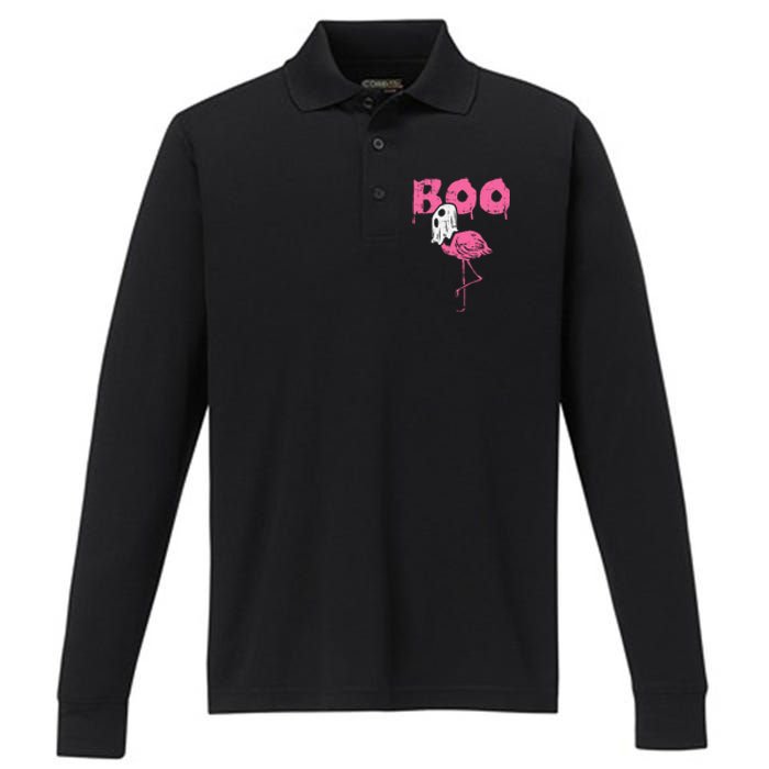 Boo Flamingo Ghost Fun Halloween Animal Bird Performance Long Sleeve Polo