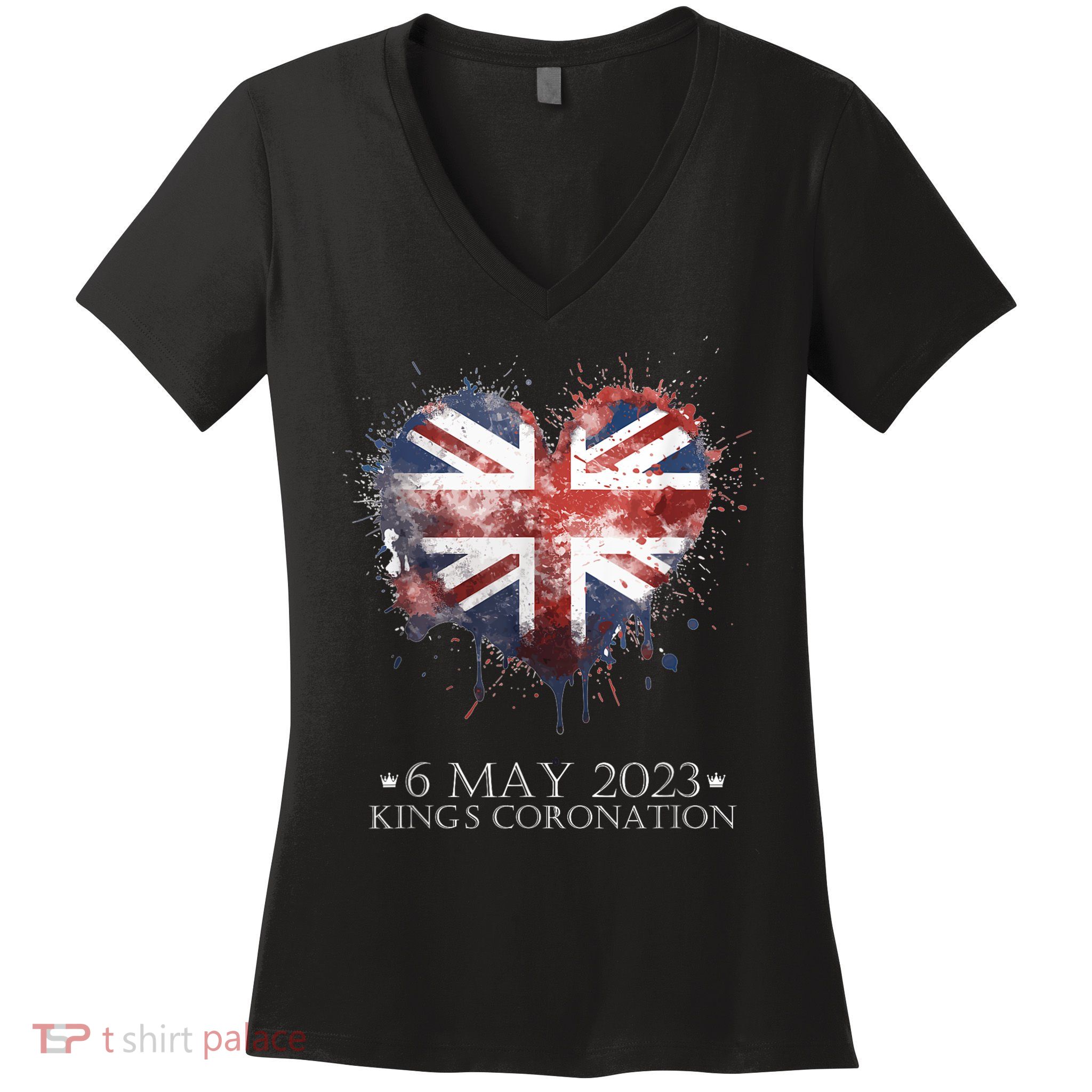 British Flag Heart King's Coronation. Union Jack Charles Women's V-Neck T-Shirt