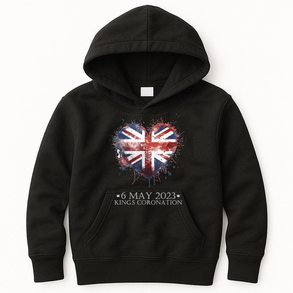 British Flag Heart King's Coronation. Union Jack Charles Kids Hoodie