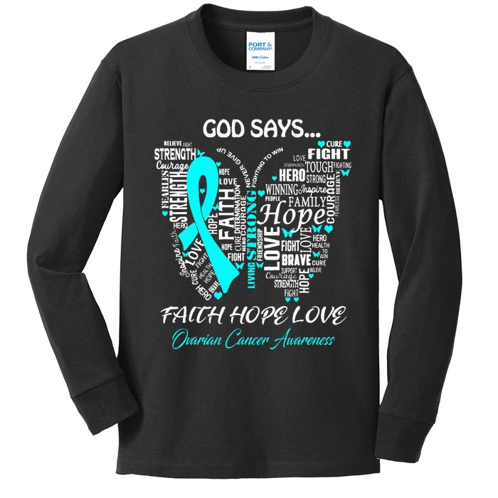 Butterfly Faith Hope Love Ovarian Cancer Awareness Gifts Kids Long Sleeve Shirt