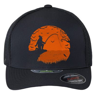 Bigfoot Fishing Halloween Fisherman Sunset Catching A Fish Flexfit Unipanel Trucker Cap