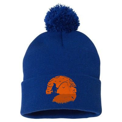 Bigfoot Fishing Halloween Fisherman Sunset Catching A Fish Pom Pom 12in Knit Beanie