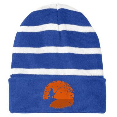 Bigfoot Fishing Halloween Fisherman Sunset Catching A Fish Striped Beanie with Solid Band