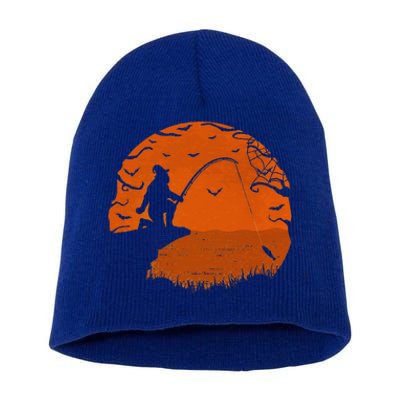 Bigfoot Fishing Halloween Fisherman Sunset Catching A Fish Short Acrylic Beanie