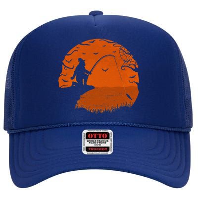 Bigfoot Fishing Halloween Fisherman Sunset Catching A Fish High Crown Mesh Back Trucker Hat