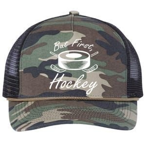 But First Hockey Hockey Stick Gift Retro Rope Trucker Hat Cap