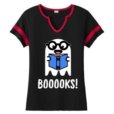 Booooks Funny Halloween Cute Ghost Reading Books Pun Gift Ladies Halftime Notch Neck Tee