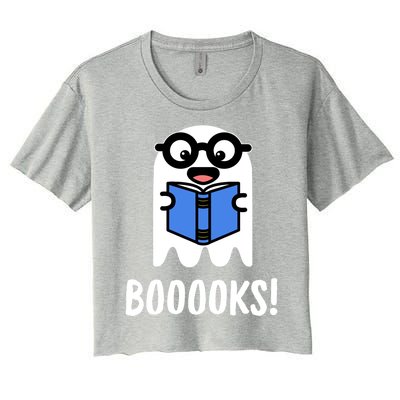 Booooks Funny Halloween Cute Ghost Reading Books Pun Gift Women's Crop Top Tee