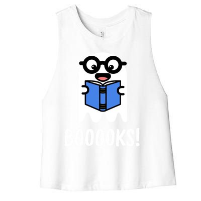 Booooks Funny Halloween Cute Ghost Reading Books Pun Gift Women's Racerback Cropped Tank