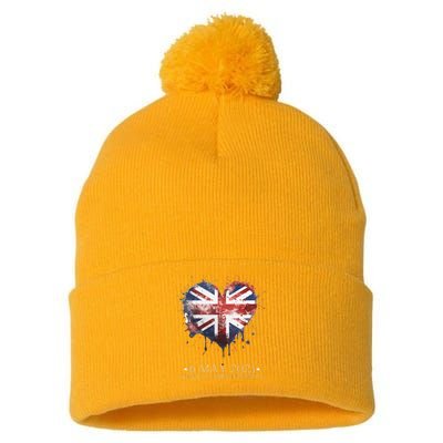 british flag heart King's Coronation. Union Jack Charles Pom Pom 12in Knit Beanie