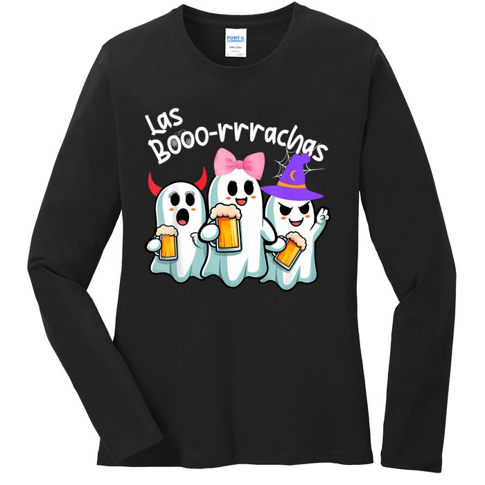 Boorachas Funny Halloween Ghost Drinking Margarita Boo Racha Ladies Long Sleeve Shirt