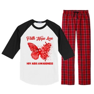 Butterfly Faith Hope Love Red Ribbon Hiv Aids Day Warrior Gift Raglan Sleeve Pajama Set