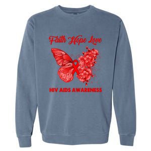 Butterfly Faith Hope Love Red Ribbon Hiv Aids Day Warrior Gift Garment-Dyed Sweatshirt