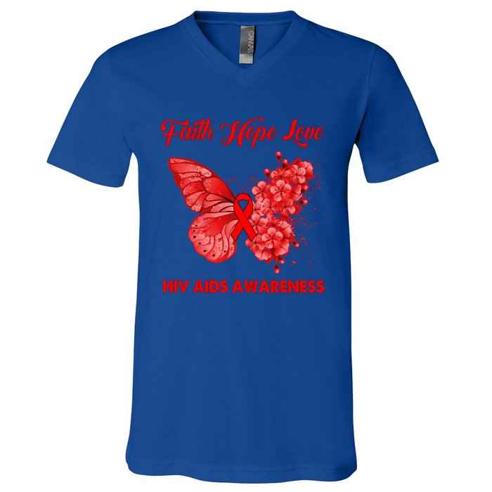 Butterfly Faith Hope Love Red Ribbon Hiv Aids Day Warrior Gift V-Neck T-Shirt