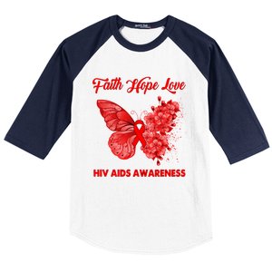 Butterfly Faith Hope Love Red Ribbon Hiv Aids Day Warrior Gift Baseball Sleeve Shirt