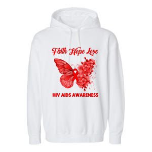 Butterfly Faith Hope Love Red Ribbon Hiv Aids Day Warrior Gift Garment-Dyed Fleece Hoodie