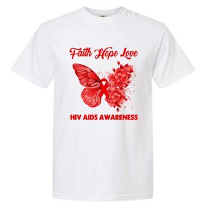 Butterfly Faith Hope Love Red Ribbon Hiv Aids Day Warrior Gift Garment-Dyed Heavyweight T-Shirt