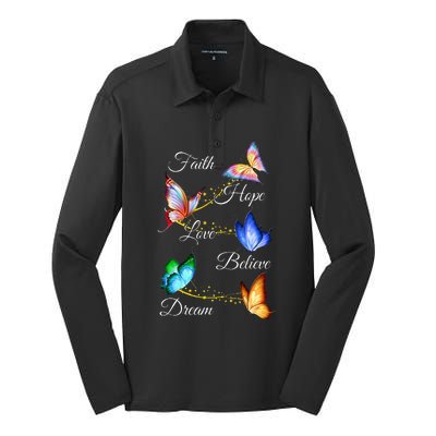 Butterfly Faith Hope Love Believe Dream Silk Touch Performance Long Sleeve Polo