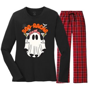 Booracha Funny Halloween Ghost Drinking Margarita Boo Racha Women's Long Sleeve Flannel Pajama Set 