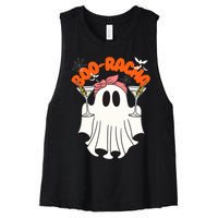 Booracha Funny Halloween Ghost Drinking Margarita Boo Racha Women's Racerback Cropped Tank