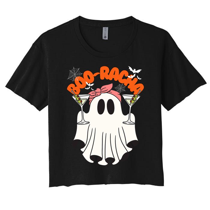 Booracha Funny Halloween Ghost Drinking Margarita Boo Racha Women's Crop Top Tee