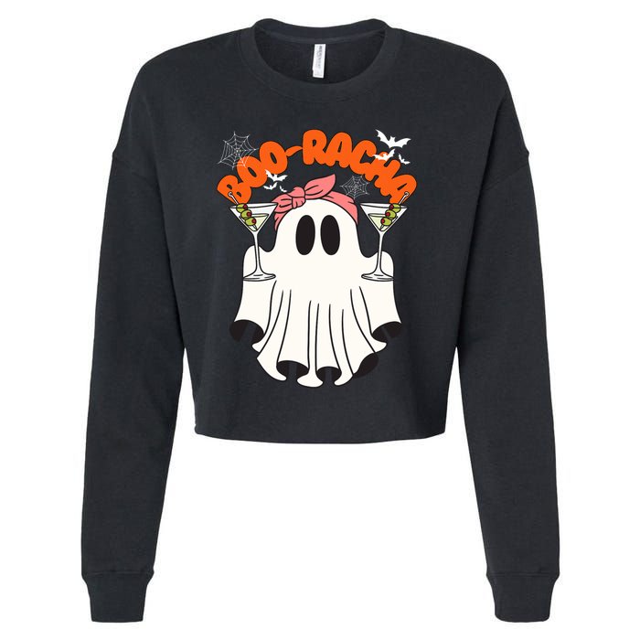 Booracha Funny Halloween Ghost Drinking Margarita Boo Racha Cropped Pullover Crew