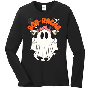 Booracha Funny Halloween Ghost Drinking Margarita Boo Racha Ladies Long Sleeve Shirt