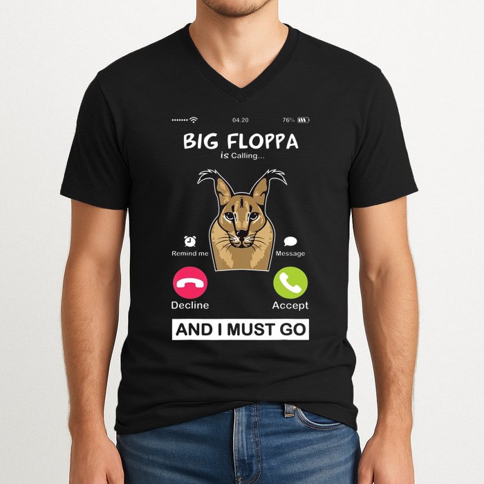 Big Floppa Is Calling Caracal Big Cat Floopa Memes V-Neck T-Shirt