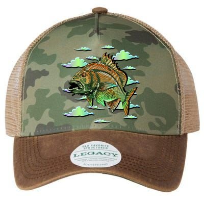 Bass Fishing Illustration River Hook Legacy Tie Dye Trucker Hat