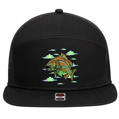 Bass Fishing Illustration River Hook 7 Panel Mesh Trucker Snapback Hat